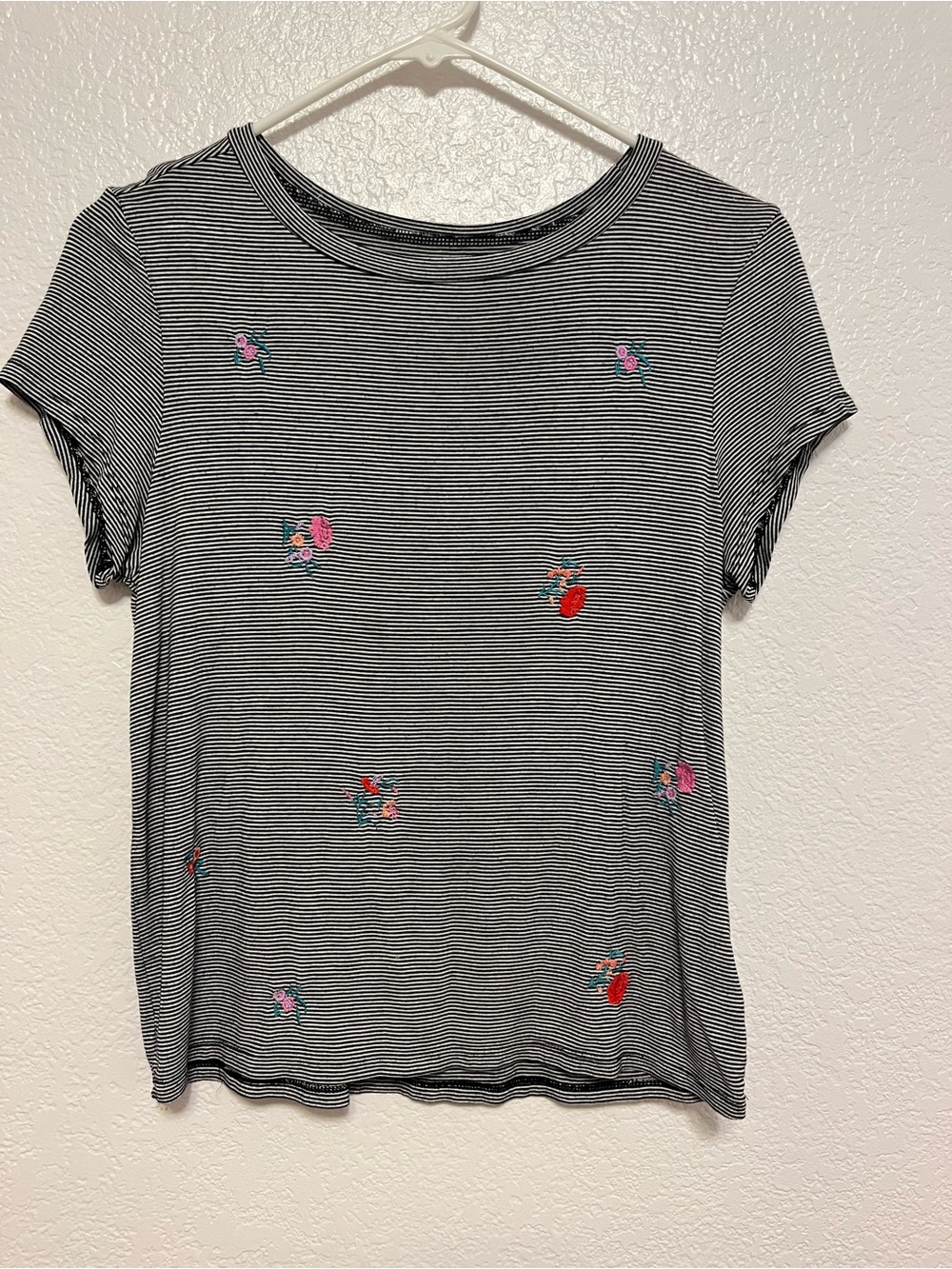 American Eagle Outfitters Black & White Striped Tee with Floral Embroidery